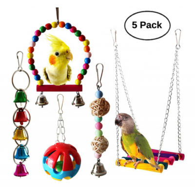 Bird Parrot Swing Chewing Toys, Hanging Bell Pet Bird Cage Hammock Swing Toy Wooden Perch Chewing Toy for Small Parrots